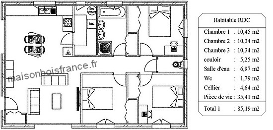 maison bois kit 3 chambres 85 M2 plain pied