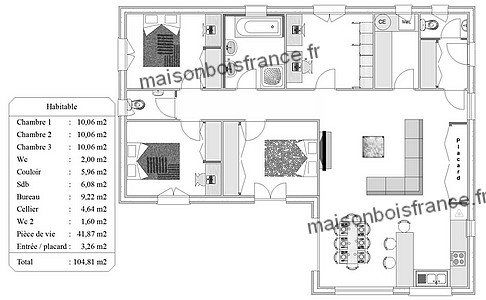 plan maison L plain pied 3 chambres bureau