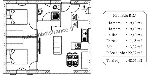 plan maison bois 2 chambres 50 m2