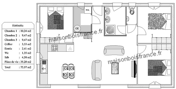 plan maison bois 3 chambres 75 m2 moderne