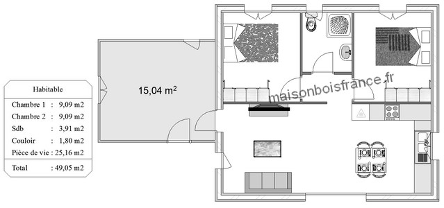 plan maison kit bois 2 chambres 50 m2 atelier