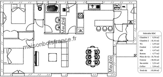 plan maison plain pied 2 chambres bureau