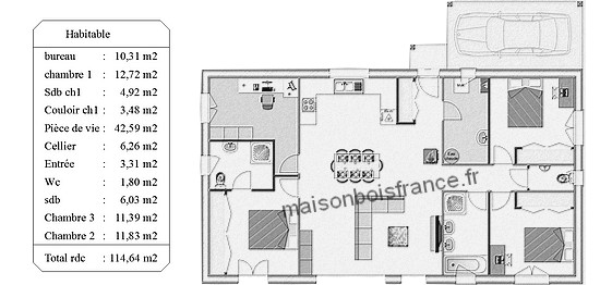 plan maison plain pied 2 chambres suite parentale carport